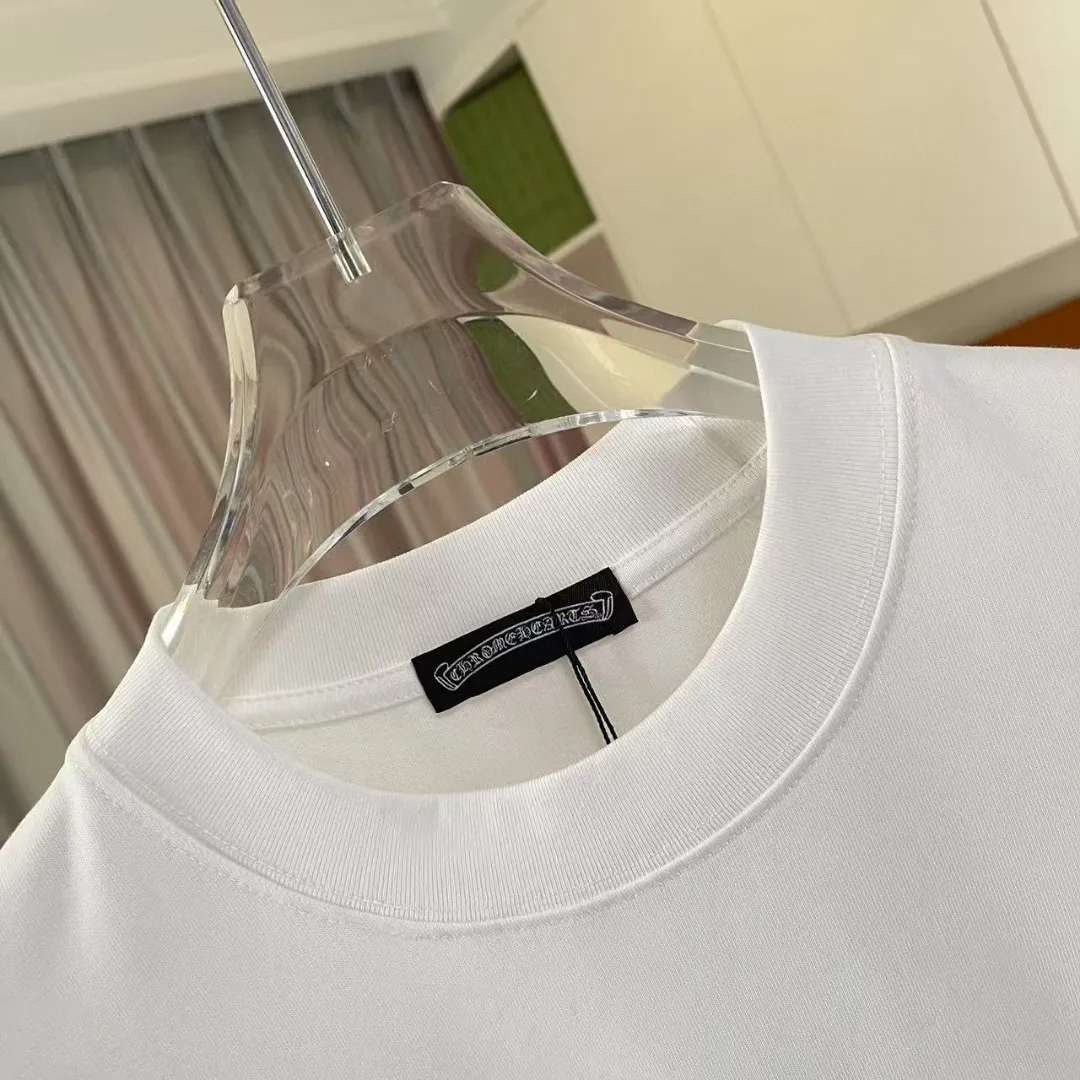 🅿️200 ch Crow* 2025 spring and summer new style Sanskrit horseshoe cross cross vacuum embroidery short-sleeved t-shirt custom fabric 300g same style for men and women Size: S M L XL XXL Five codes Color: black white